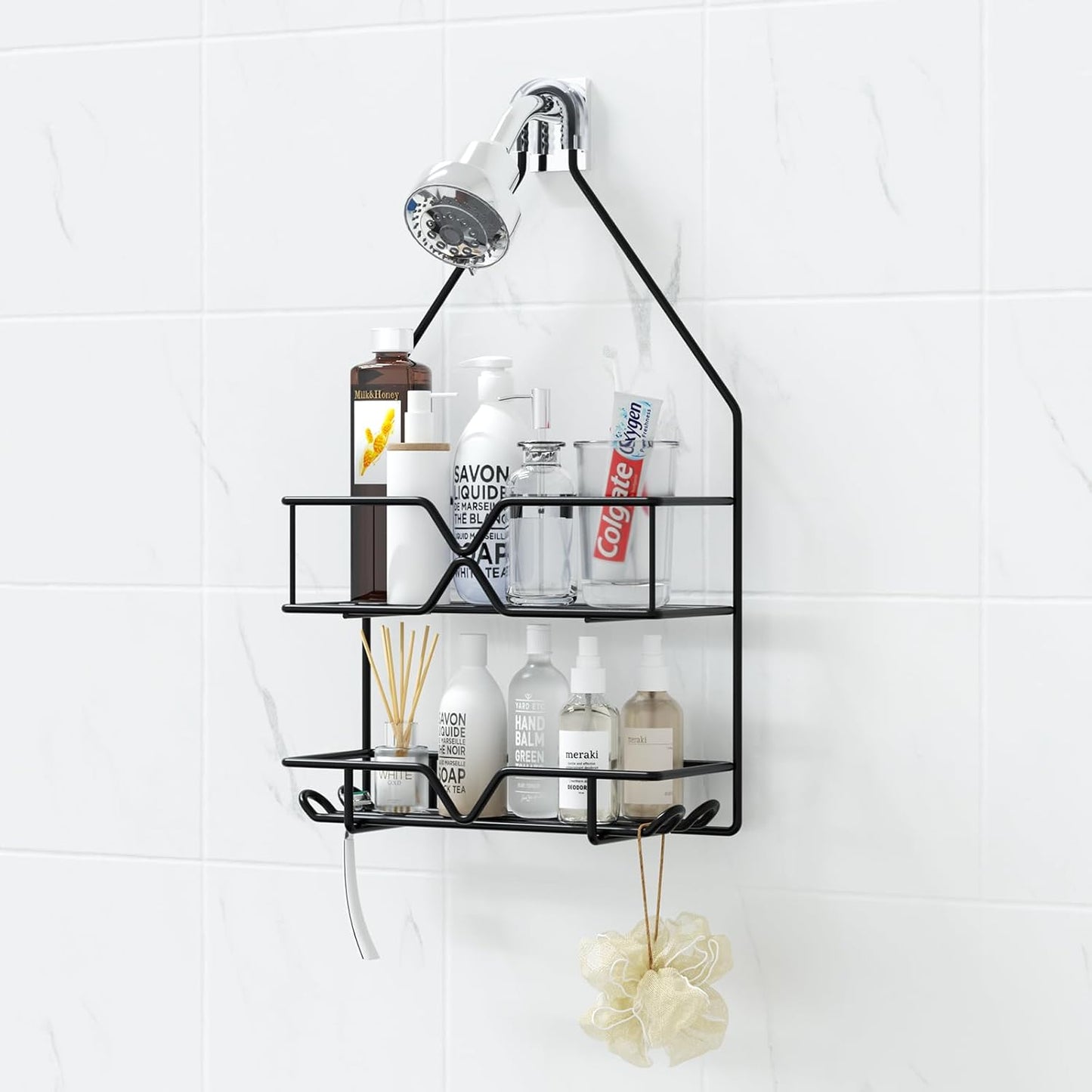 TreeLen Shower Organizer Hanging Caddy over Head - Black Bathroom Shower Hanger for Shampoo Razor Soap