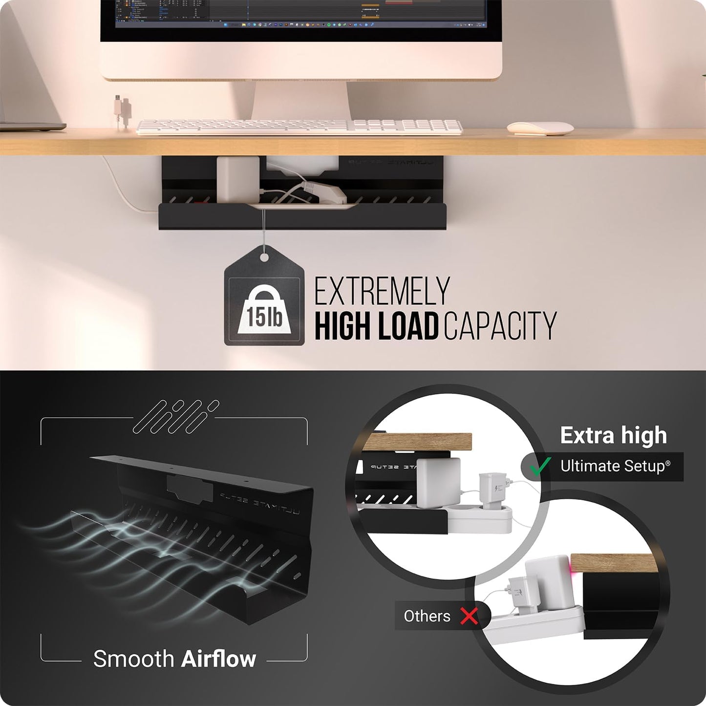 Under Desk Cable Management Tray no Drill – Wire Management - Cord Organizer – Huge Load Capacity – Under Desk Cable Tray no Drill (Black, 1 Piece Set)