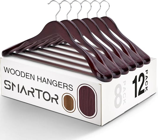 SMARTOR Suit Hangers for Men 12 Pack, Wide Shoulder Wooden Suit Hangers with Non Slip Pant Holder, Wide Hanger for Suit, Coat, Jacket, Gown, Heavy Duty Wood Suit Hanger, Cherry