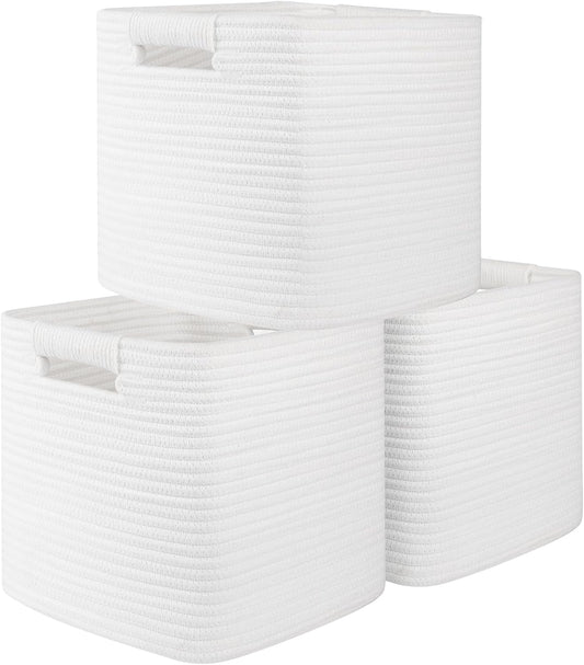 OIAHOMY Storage Cubes 11 Inch - 3 Pack, Cotton Rope Woven Baskets for Organizing, Square Storage Baskets for Shelves Organizer, Classroom, Kids Toy Bins, Closet, Baby Nursery-White