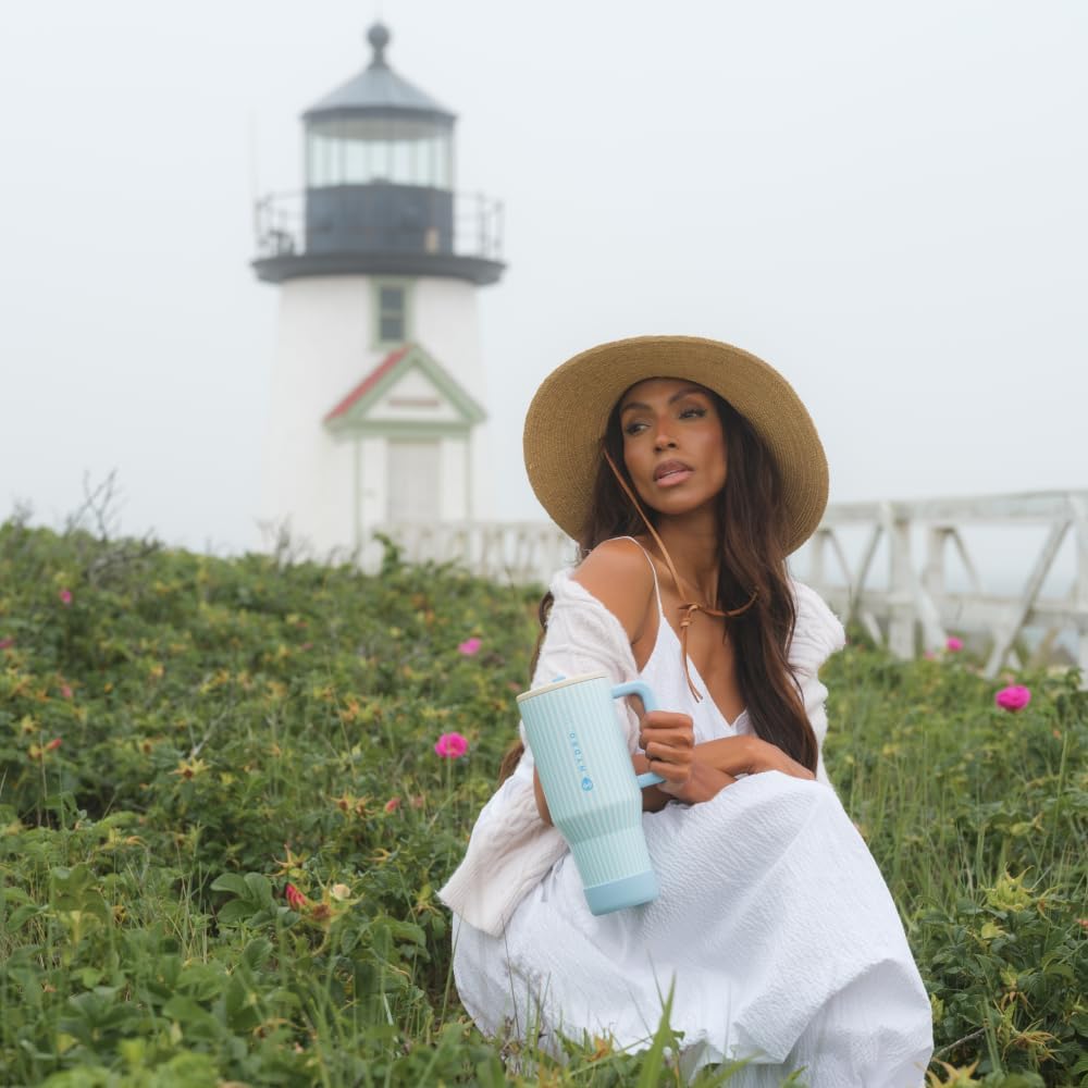 HydroJug Traveler - 40 oz Water Bottle with Handle & Flip Straw - Fits in Cup Holder, Leak Resistant Tumbler-Reusable Insulated Stainless Steel & Rubber Base - Gifts for Women & Men, Cape Cod