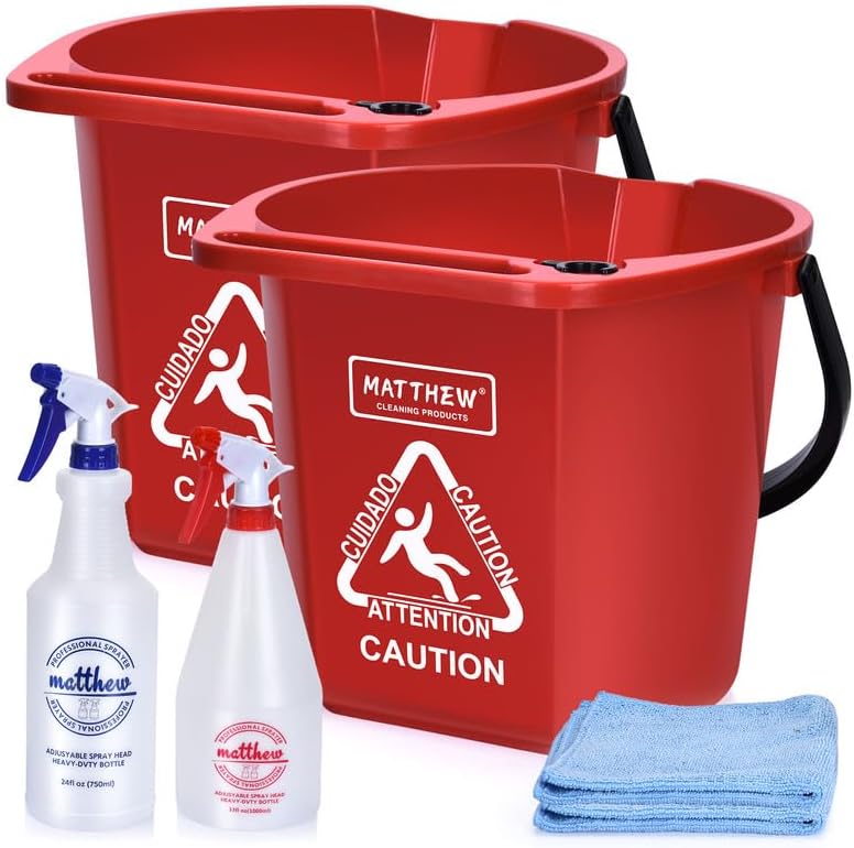 Matthew Cleaning 4.2 Gallon Mop Bucket, Heavy Duty Plastic Cleaning Bucket with Built-in Pour Spout, Mop Holder and Comfort Grip Handle, House and Commercial Cleaning Supplies, 2 Pack Red