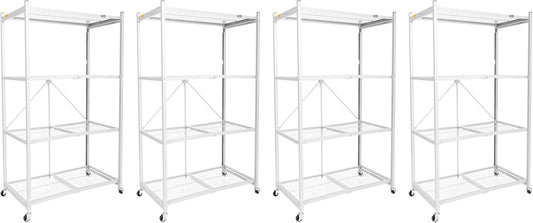 Origami 4-Pack R5 Storage Rack, 4-Tier Heavy-Duty Foldable Steel Shelf with Wheels, White