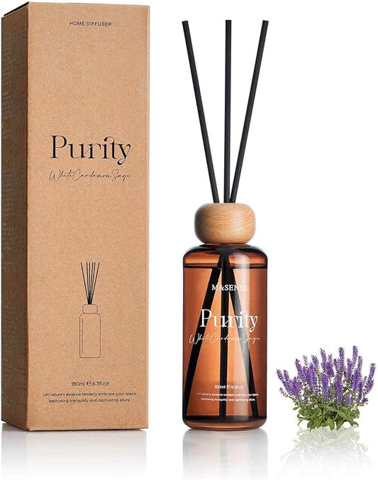 M&SENSE White Cardamom Sage Reed Diffuser: 6.3 fl oz Non-Toxic Aroma Set with Sticks, Light & Subtle Fragrance, Long-Lasting Natural Essential Oil Gifts for Bedroom, Shelf Decor & Small Spaces