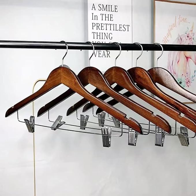 10 Pack Wooden Hangers with Clips High-Grade Wooden Suit Hangers Skirt Hangers with Clips S Wood Hanger with Durable Metal Clips for Blouse, Dress, Coat, Jacket (Vintage)