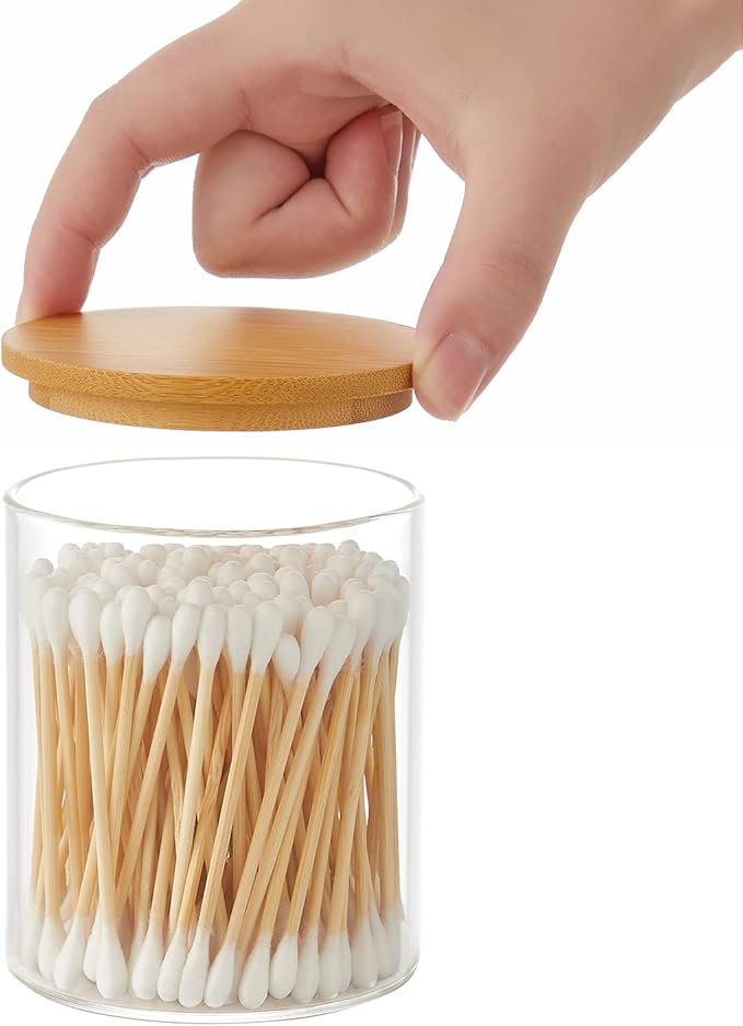 Qtip Holder with Vanity Tray, 3 Pack Glass Apothecary Jars with Lids, Bathroom Accessories Canisters Organizers Jars Containers for Cotton Ball Round Swab Pad Hair Ties Floss Perfume Jewelry