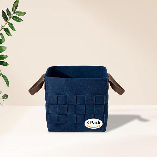 Bold monkey Storage Basket 3 Pack, Medium 10" x10" x10 " Baskets for Shelves with Leather Handle, Cube Felt Fabric Storage Box for Bedroom, Nursery, Living Room -Navy blue
