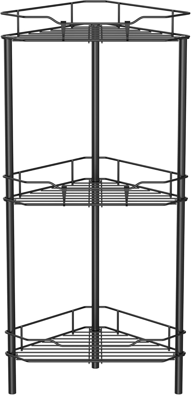 3 Tier Floor Standing Corner Shower Caddy Organizer Shelf with Hooks, Bathroom Shelves Stand Rack, Black