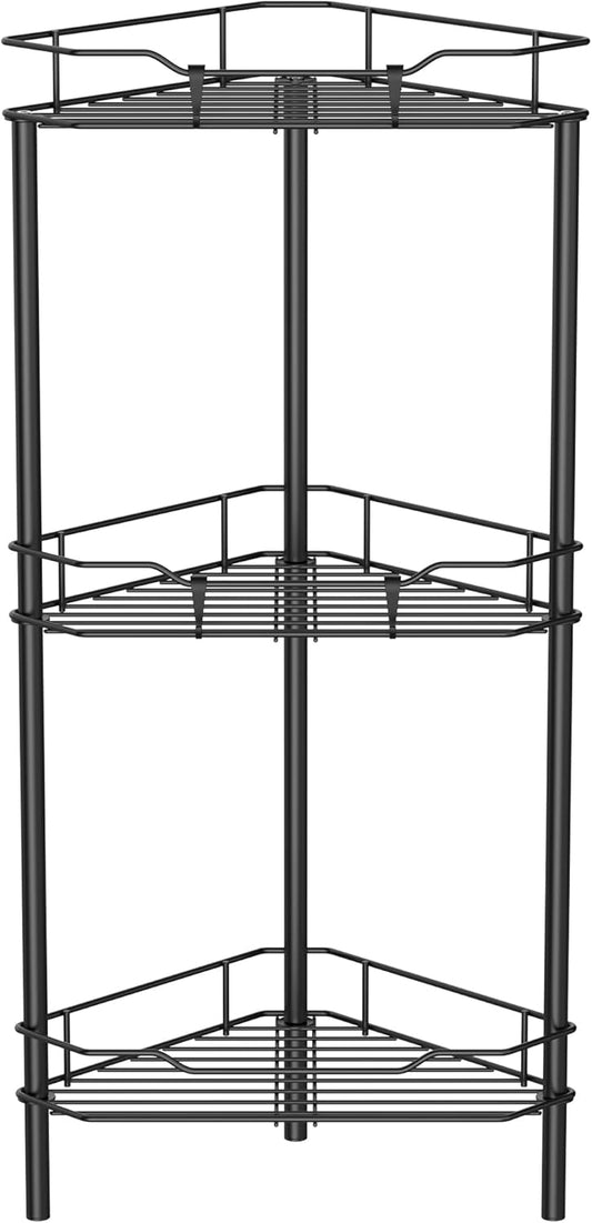 3 Tier Floor Standing Corner Shower Caddy Organizer Shelf with Hooks, Bathroom Shelves Stand Rack, Black