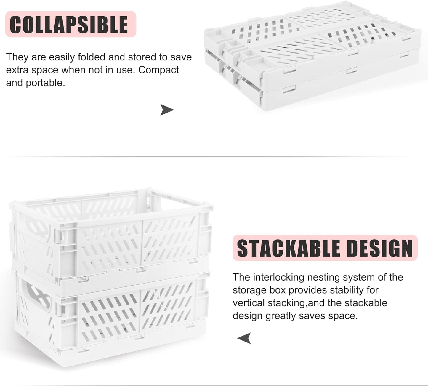 Plastic Storage Baskets for Desk Organizing, Office Drawer Organizer, 2 Medium+2 Small Durable Folding Storage Crate for Home Kitchen Classroom Office Bedroom and Bathroom Storage (White)