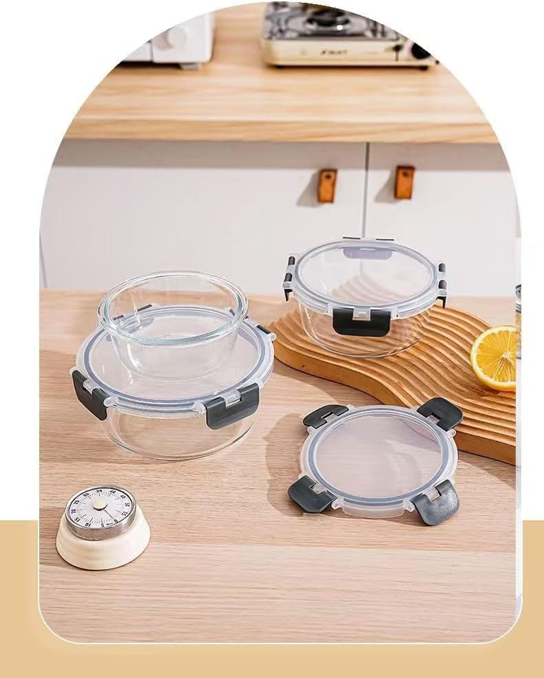 [6-piece set] Glass food preparation and storage containers with lids that provide a good seal. Glass lunch boxes that are microwave, oven, freezer, dishwasher safe. (Round)