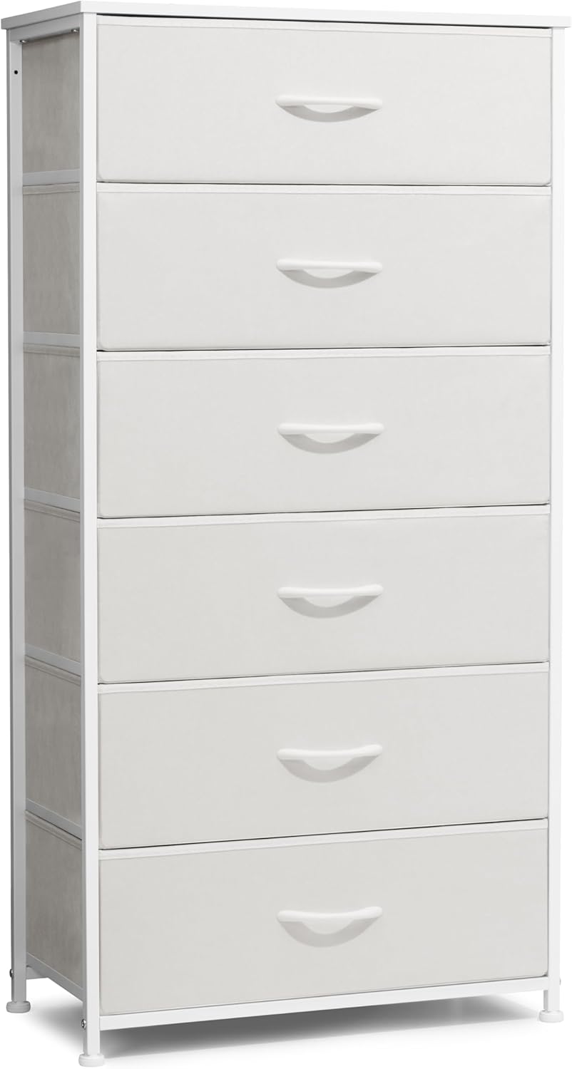 Crestlive Products Dresser for Bedroom with 6 Drawers, Tall Chest of Drawers, White Dressers Bedroom Furniture, Storage Organizer Unit with Bins for Closet, Hallway, Living Room, Entryway