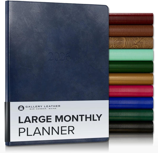 Gallery Leather Large Monthly Planner 2025-2026, Elegantly Bound Calendar Planner and Notebook with Stylish Gold-Gilded Page Edges, 18 Months - Acadia Navy - 9.75x7.5"