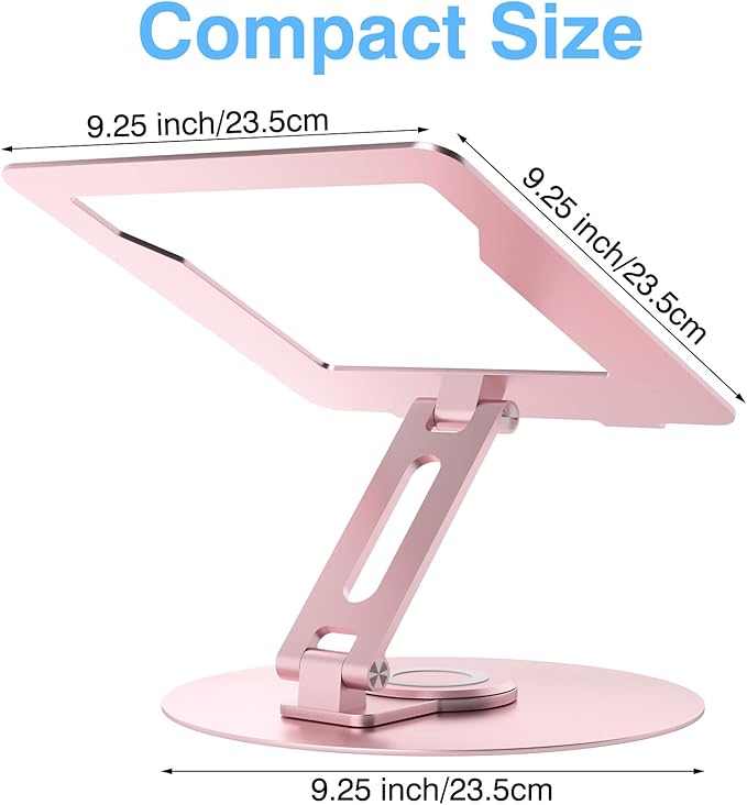 Swivel Laptop Stand for Desk, Adjustable Height Aluminum Computer Stand with 360 Rotating Base, Foldable Ergonomic Riser, Portable Laptop Holder Compatible with MacBook, All Laptops 10-17'', Pink