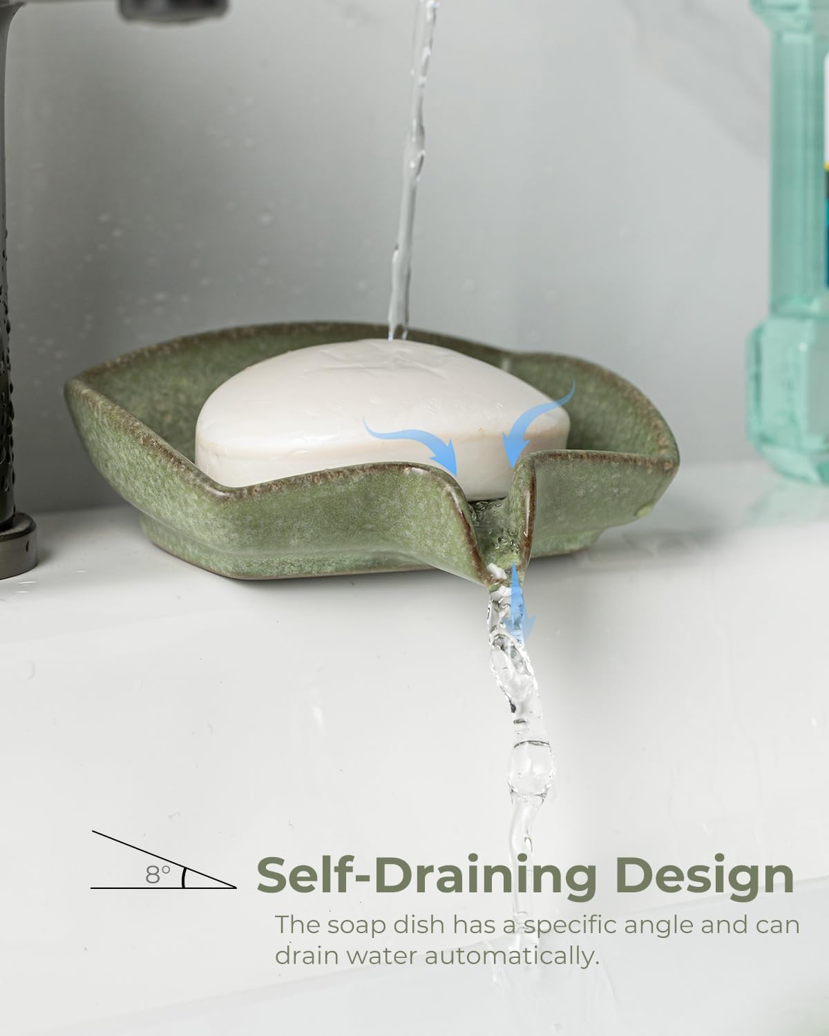 Self Draining Soap Dish, Ceramic Drain Soap Holder Waterfall Design Soap Saver for Shower, Bathroom, Sink, Kitchen and Countertop, Keeps Dry, Green