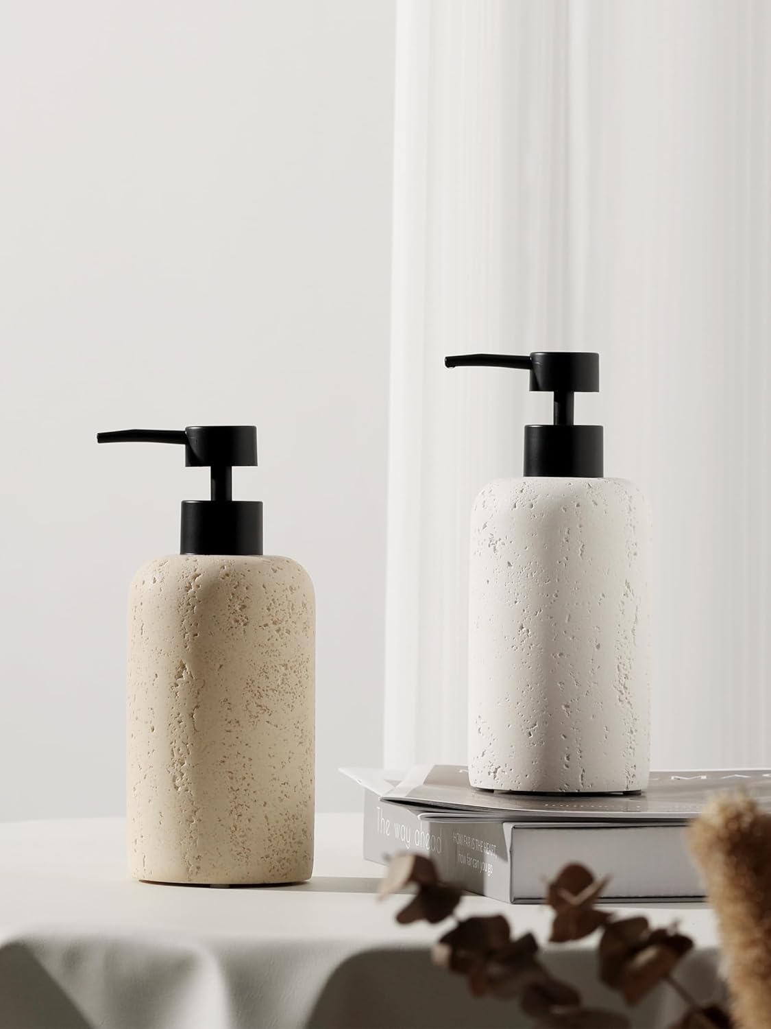 Soap Dispensers 400mL 13.5 OZ, 2 PCS Luxurious Hand Dish Lotion Shampoo Soap Dispenser Jar, Travertine Soap Pump Bottles for Kitchen Bathroom Countertop (Cream)