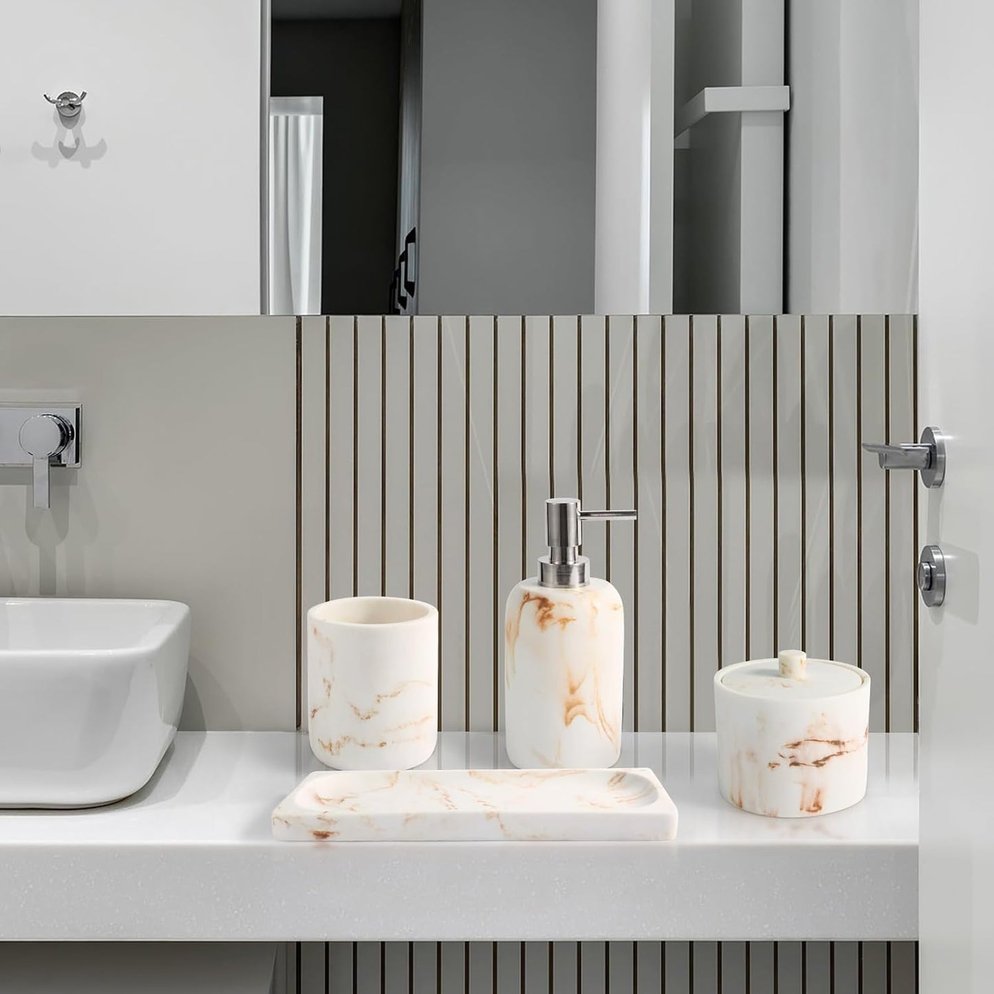 Marble Pattern Bathroom Accessory Sets,4 Pieces Resin Bathroom Accessories Complete Set - Lotion Dispenser,Tumbler,Q-tip Holder and Vanity Tray(Classic Beige Marble)