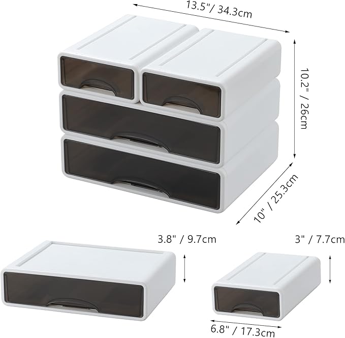 White Desktop Drawers for Paper, Stackable Office Storage Drawers for Desk, Craft Organizer and Storage Bins, 4 Mixed Storage Container with Plastic Drawers for Office Supplies Desk accessories