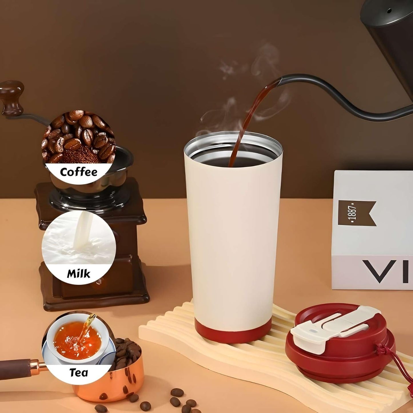 18 oz Insulated Coffee Mug with Straw and Lid, Durable Stainless Steel Coffee Cups with Strap, Reusable Iced&Hot Coffee Tumbler,Portable Coffee Travel Mug for Car, Camping(Retro Red)