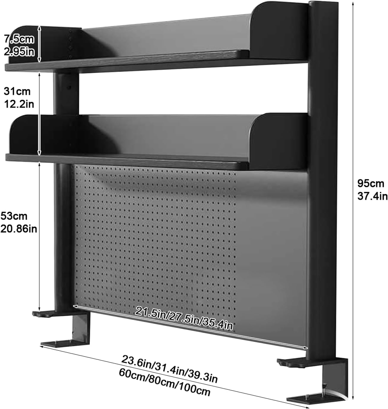 Clamp on Desk Shelf with Pegboard, Black Desktop Bookshelf Organizer Storage Shelves for Home Office Dorm Gaming Desk, Space Saving Tabletop Display Rack Organization (White, 31.4in)