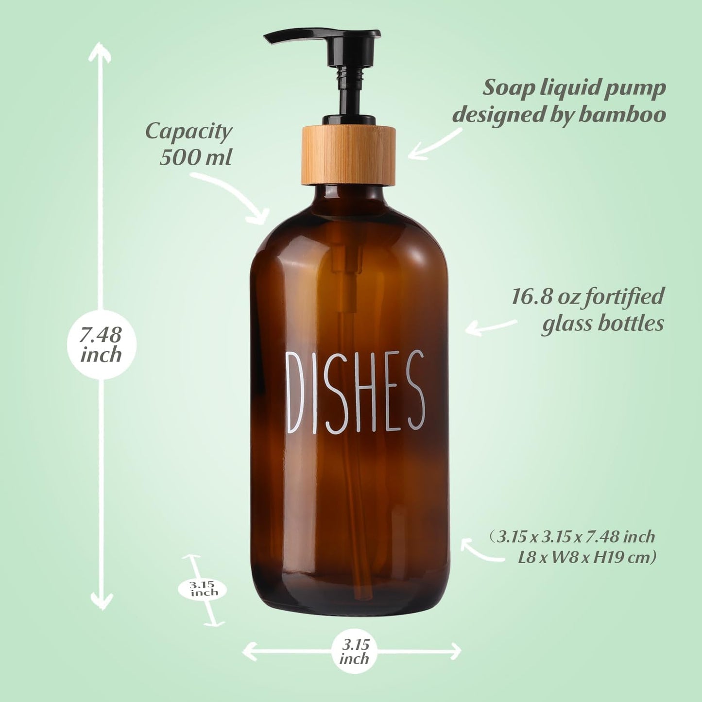 Dish Amber Glass Soap Dispenser with Plastic Pump, 16 Oz Brown Dish Soap Dispenser Set Refillable Reusable Apothecary Soap Pump Dispenser Bottles for Bathroom and Kitchen