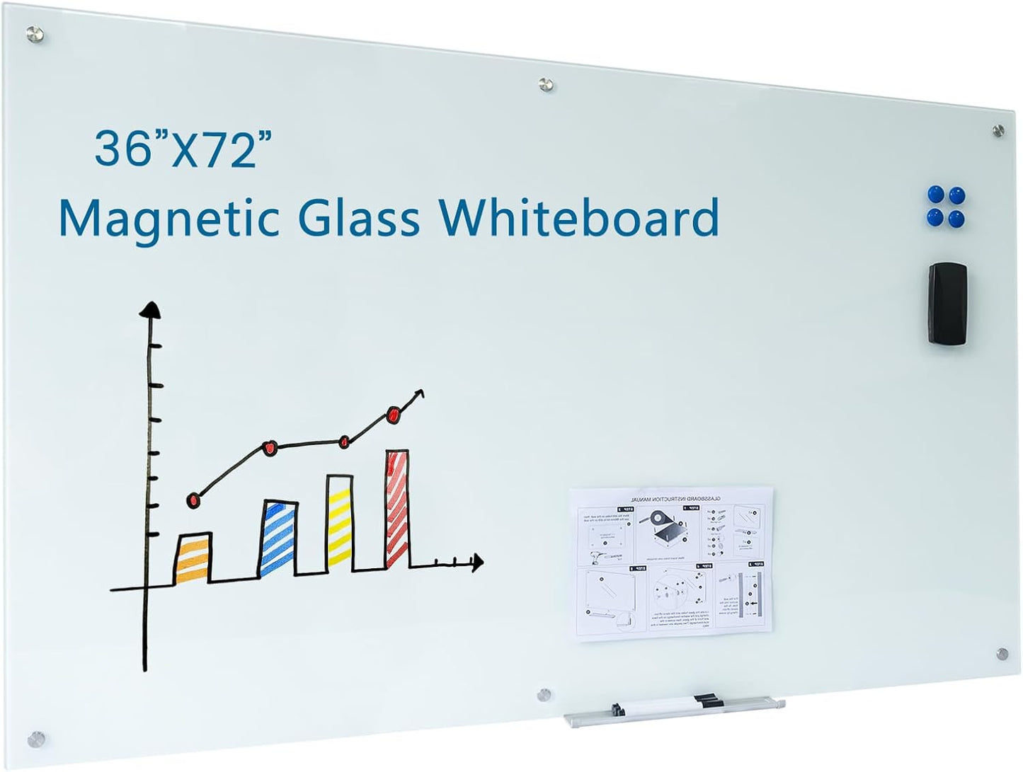 Magnetic Glass Whiteboard 36"X72" Dry Erase Board White Board Wall Mounted WritingBoard for Office School Home Accessory Tray 3 Dry Erase Marker 4 Glass Board Magnets and 1 Magnetic Eraser