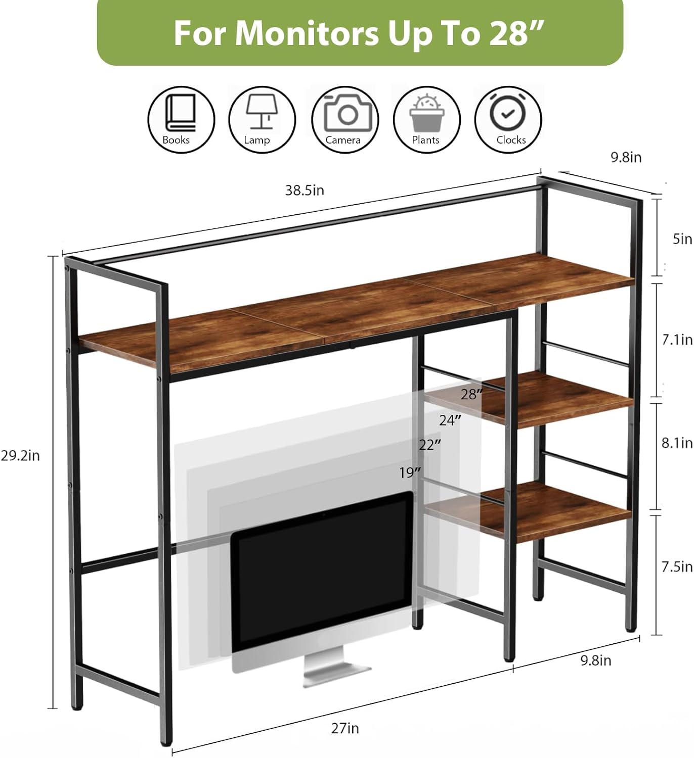 Desk Shelf, 38.5 Inch Desk Hutch for Computer Monitor, Computer Desktop Bookshelf Storage Rack Adjustable Desk Hutch Top Only, 3 Tier Desk Organizer Shelf for Office Home, Rustic