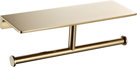 Double Roll Toilet Paper Holder with Shelf Solid Brass and Superior Hotel Style Tissue Dispenser Spared Storage Polished Gold Finish