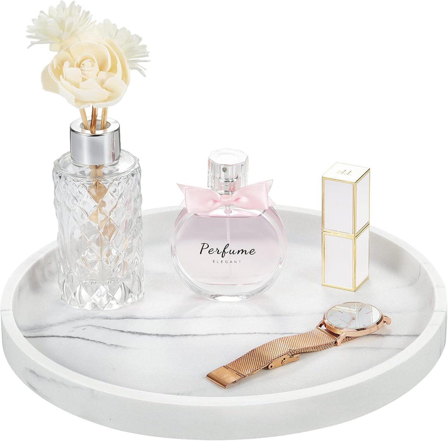 Emibele Vanity Tray, Resin Round Tray Decorative Storage Organizer for Bathroom Toilet Tank Bedroom Kitchen Countertop, Jewelry Storage Dresser Tray for Candle, Lotion Bottle, Cosmetics, Gravel White