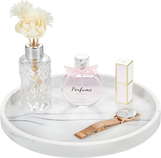 Emibele Vanity Tray, Resin Round Tray Decorative Storage Organizer for Bathroom Toilet Tank Bedroom Kitchen Countertop, Jewelry Storage Dresser Tray for Candle, Lotion Bottle, Cosmetics, Gravel White