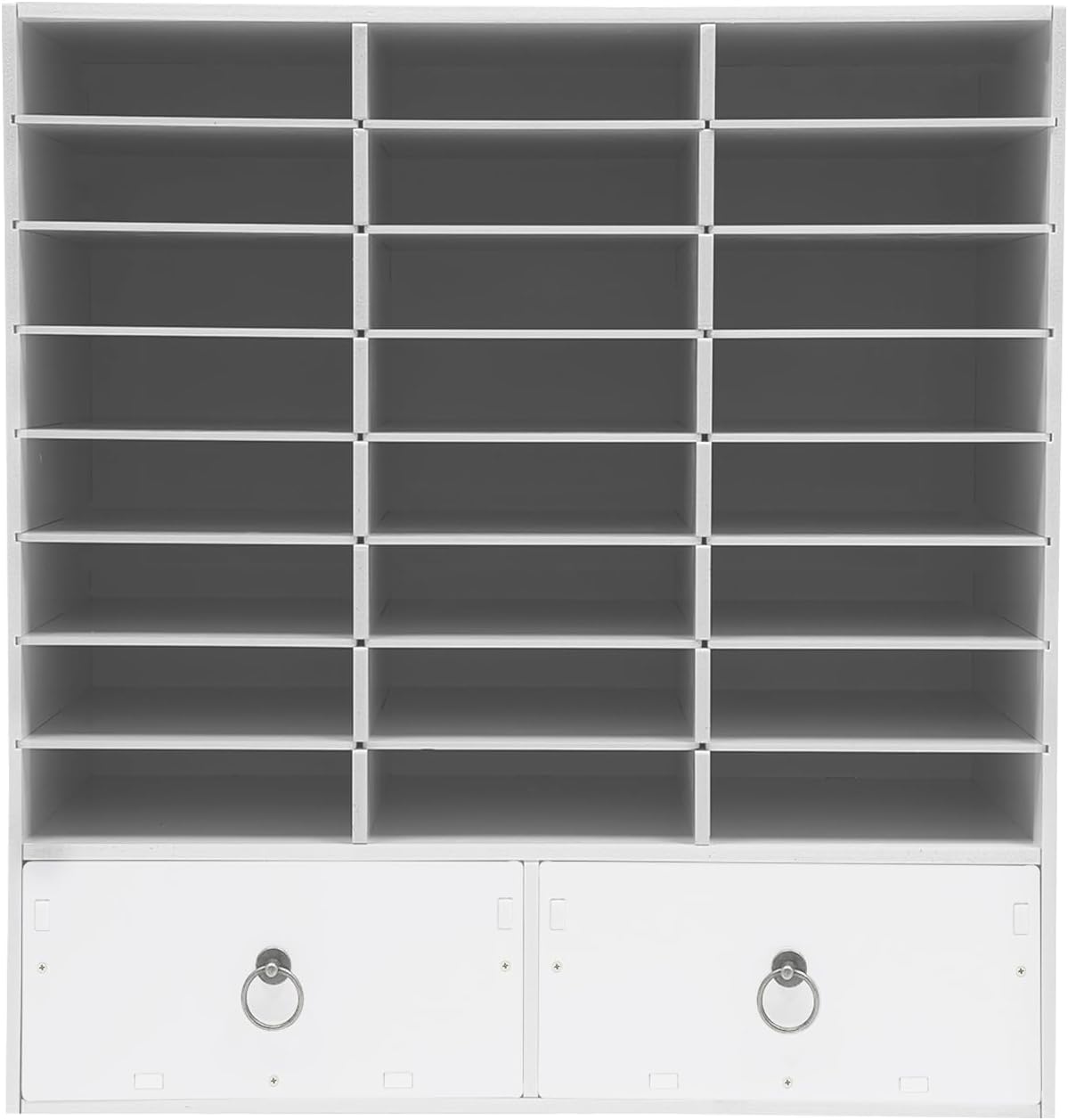 Literature Organizers, Mail Sorter Organizer Adjustable Shelves and 2 Drawers Desktop File Sorter Paper Organizer for Home School Office (White, 24 Slots with 2 Drawers)