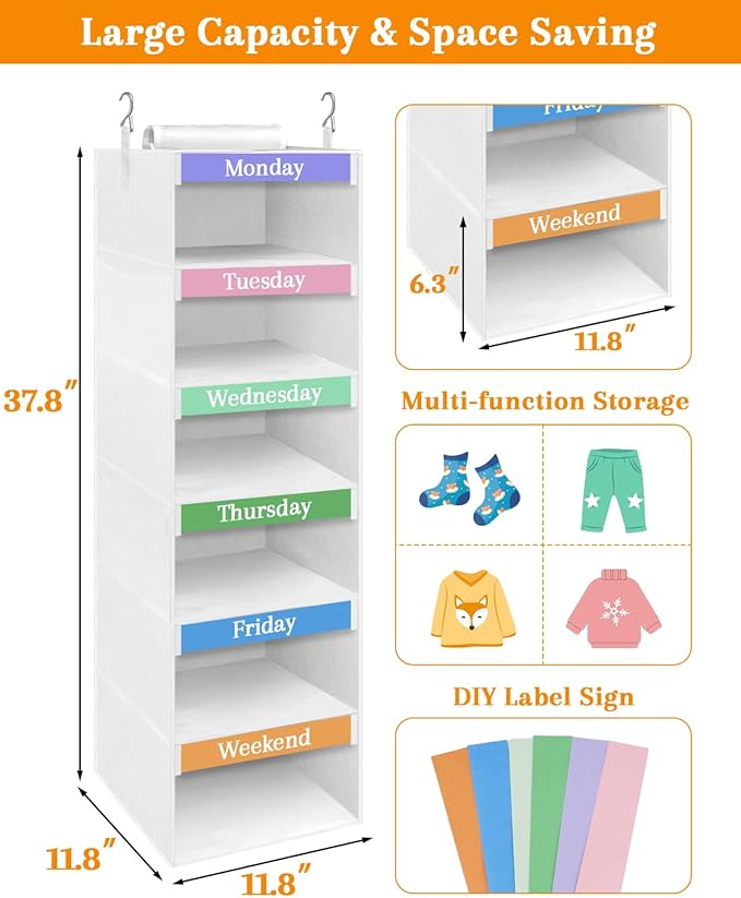 punemi Weekly Clothes Organizer for Kids, 6-Shelf Hanging Closet Storage with Side Pockets, Days of The Week Design, 11.8" x 11.8" x 37.8", Perfect for Organizing a Week's Worth of Kids' Clothing