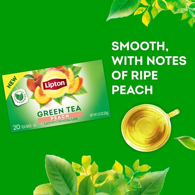 Lipton Green Tea Bags, Peach | 20 Tea Bags | Pack of 3 | With Caffeine | With Flavonoids
