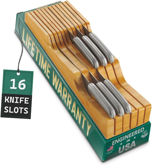 Bellemain 100% Pure Bamboo in Drawer Knife Block | 16 Knife Slots Knife Drawer Organizer | Store Knives Safely with The Blades Down | Storage Solution for Your Kitchen | Knife Organizer Drawer Insert