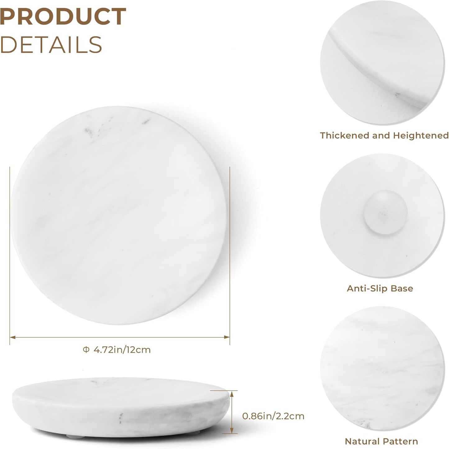 WORHE Marble Soap Dish Italy Natural Stone Sponge Holder for Bathroom Tub Shower Kitchen Sink, Handcraft Round Soap Case Organizer Trinket Plate Jewelry Tray Coaster for Home Decor White (DL008)