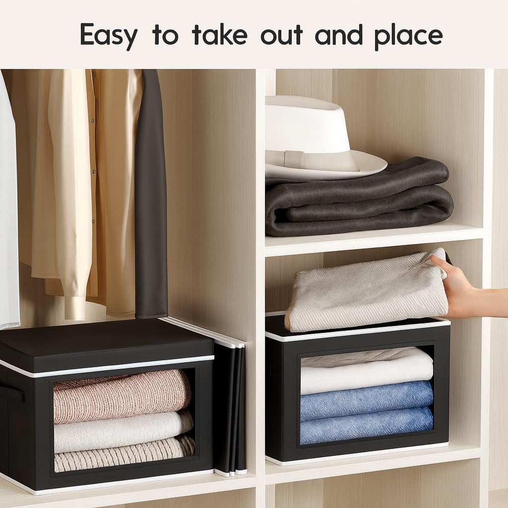 Collapsible Storage Bins with Lids - Stackable Storage Containers with Window, 6 Pack Fabric Organizing Bins for Closet, Home & Office Organization Baskets, Black, 14.9" x 9.8" x 9.8"