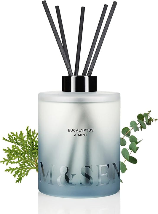 M&SENSE Eucalyptus Mint Reed Diffuser Set - 16.9 fl oz Long-Lasting Fragrance, Non-Toxic Scent Diffuser with Natural Oil Sticks | Housewarming Diffuser Gift for Mothers Day, Bathroom & Home Decor