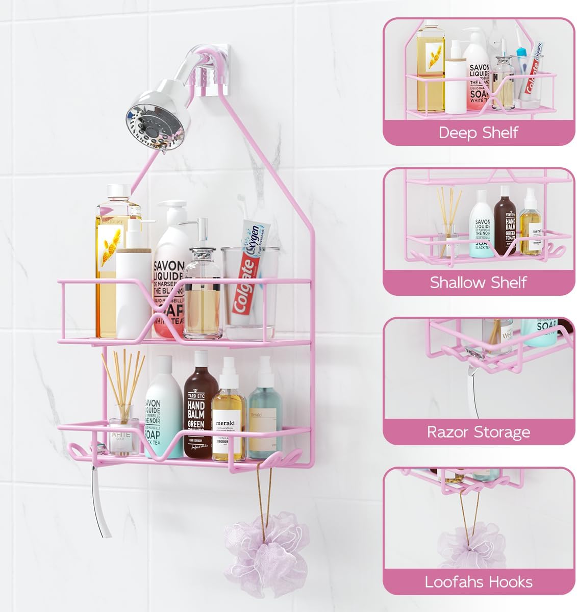 TreeLen Pink Shower Caddy Over Shower Head, Pink Bathroom Accessories, Gift for Girlfriend, Wife, Little Girl