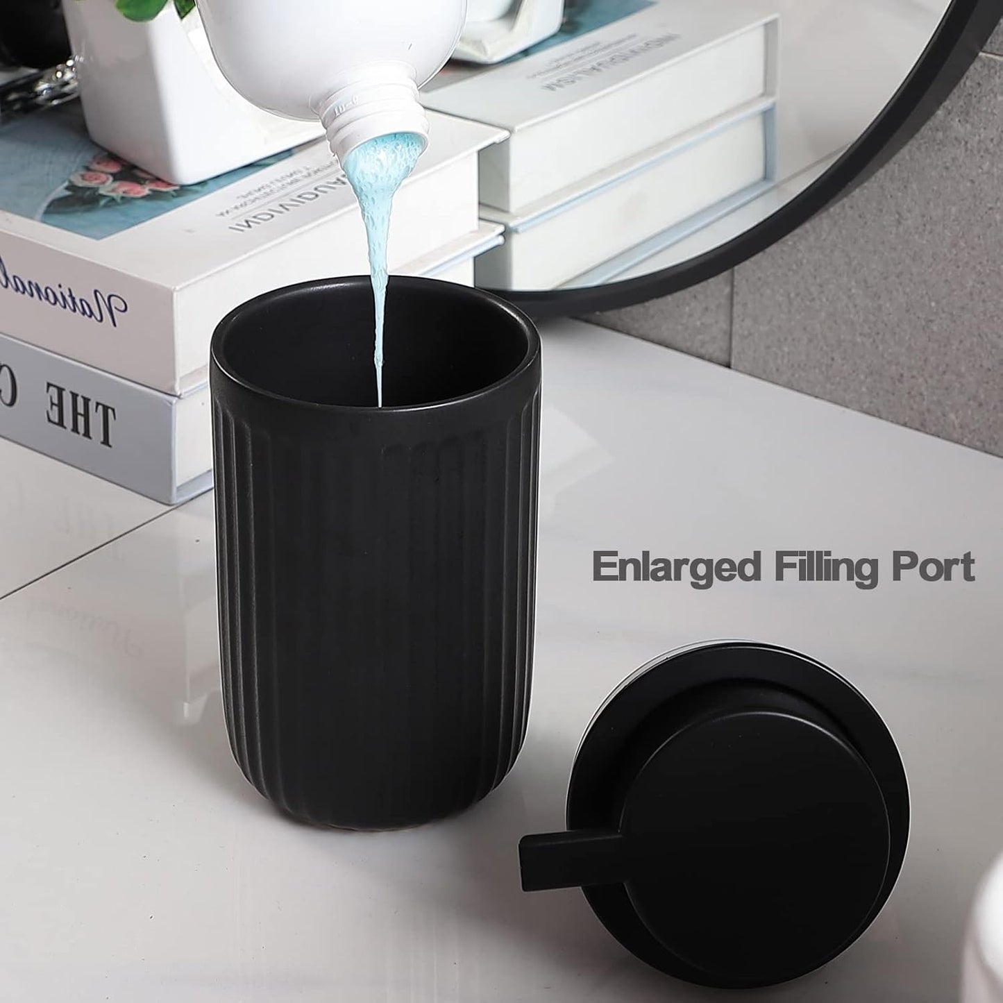 Black Soap Dispenser Set- Modern Ceramic Hand Dish Soap Dispenser for Bathroom Refillable Liquid Hand Soap Dispenser with Soap Pump for Lotion Soap for Farmhouse Kitchen Decor Dish 2 Pack