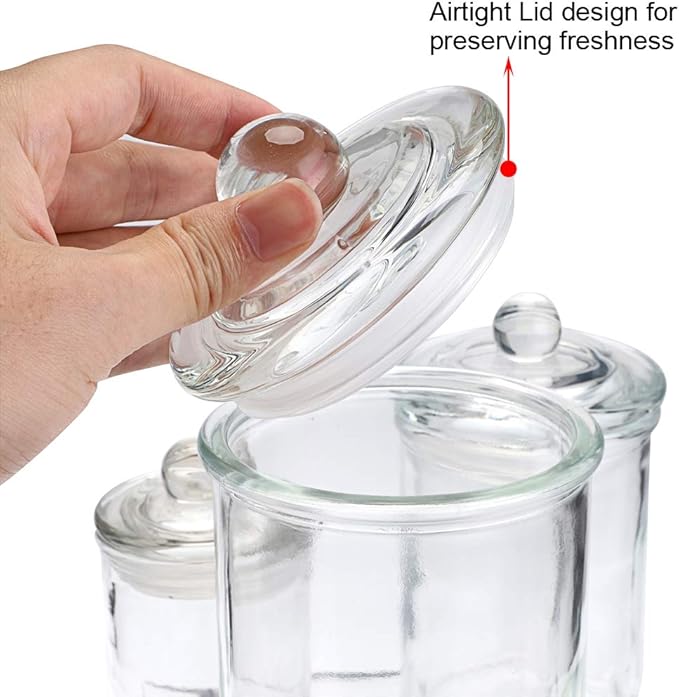 MDLUU Glass Canisters, Apothecary Jars with Airtight Lids, Bathroom Vanity Storage Organizer Containers for Qtip Cotton Swabs, Cotton Balls, Flossers, Bath Salt, Hair Tie, Set of 3