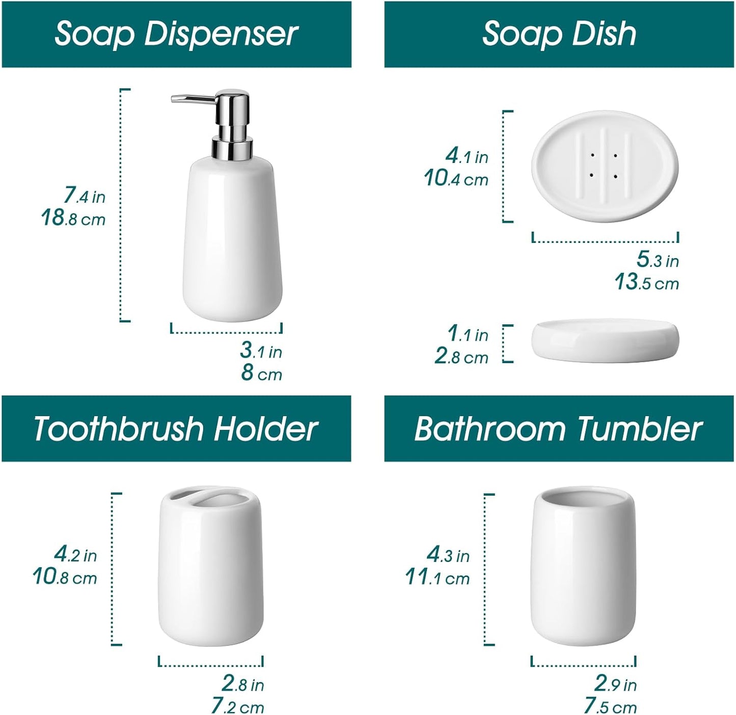 vancasso White Bathroom Accessories Set, Ceramic Soap Dispenser and Toothbrush Holder Sets, Stoneware 4 Pcs Bathroom Sink Set for Modern Home Decor