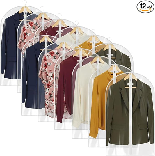 36” All Clear Garment Bags for Women Suit Bags - PEVA Waterproof Suit Cover with Zipper for,Hanging Clothes, Coats - Durable Dresser for Closet Storage, Dustproof & Moisture Resistant - 36”/12 Pack