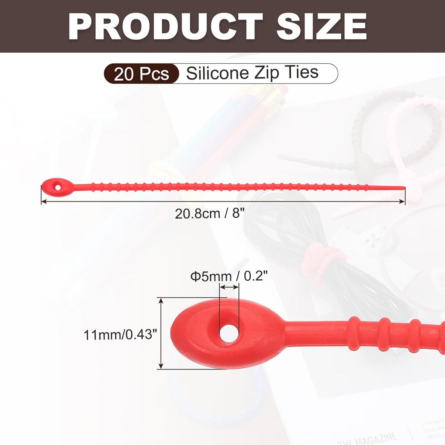 PATIKIL 8 Inch Silicone Cable Ties, 20pcs Rubber Reusable Twist Zip Ties Organizer for Home Office Kitchen Food bags Wires Adjustable Bag Clip, Deep Red