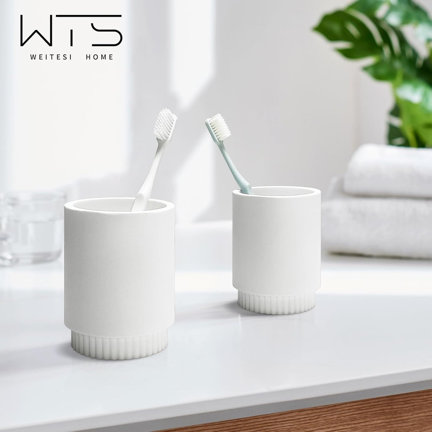 Resin Bathroom Accessories Set, 4 Pcs Modern Bathroom Accessory Set with Liquid Plastic Pump Lotion Soap Dispenser,2 Toothbrush Cup, Soap Dish Countertop Vanity Organizer(White)