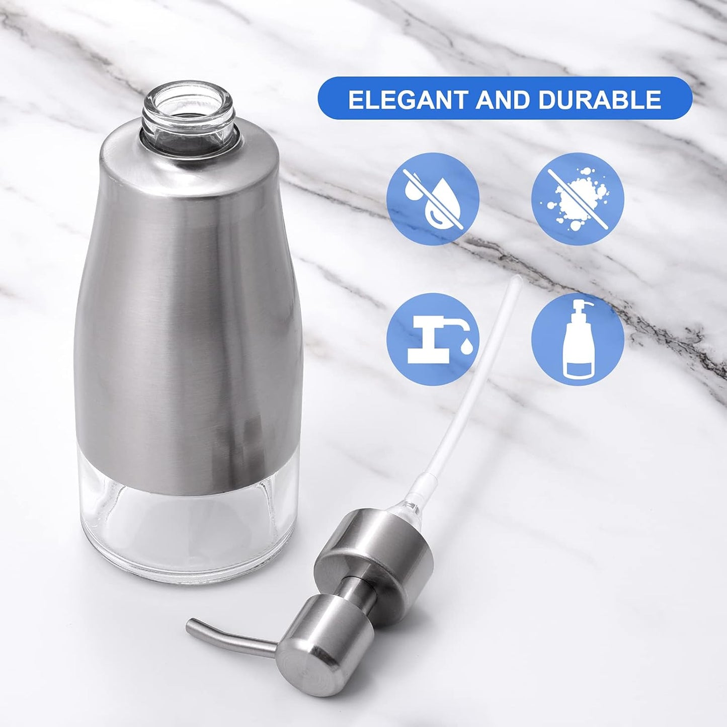 Non-Slip Soap Dispenser with Brushed Nickel Stainless Steel Case, Glass Liner, and Hand Pump for Kitchen/Bathroom. Refillable Liquid Soap Dispenser, 11oz/320ml Capacity.