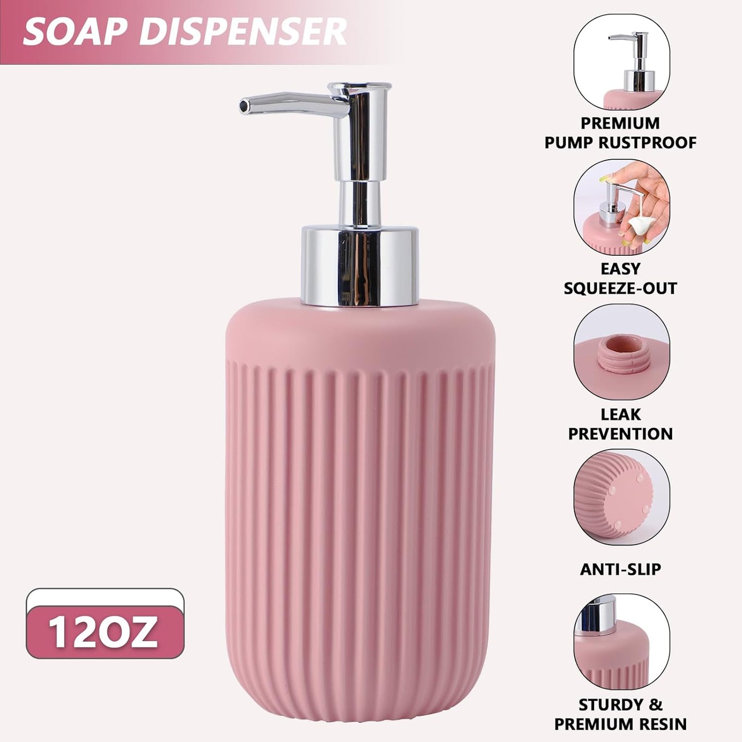 Resin Pink Bathroom Accessories Set 5 Pcs, Lotion Soap Dispenser, Toothbrush Holder, Bathroom Tumbler, Qtip Holder and Vanity Tray, Bathroom Countertop Organizer Set for Modern Home Apartment