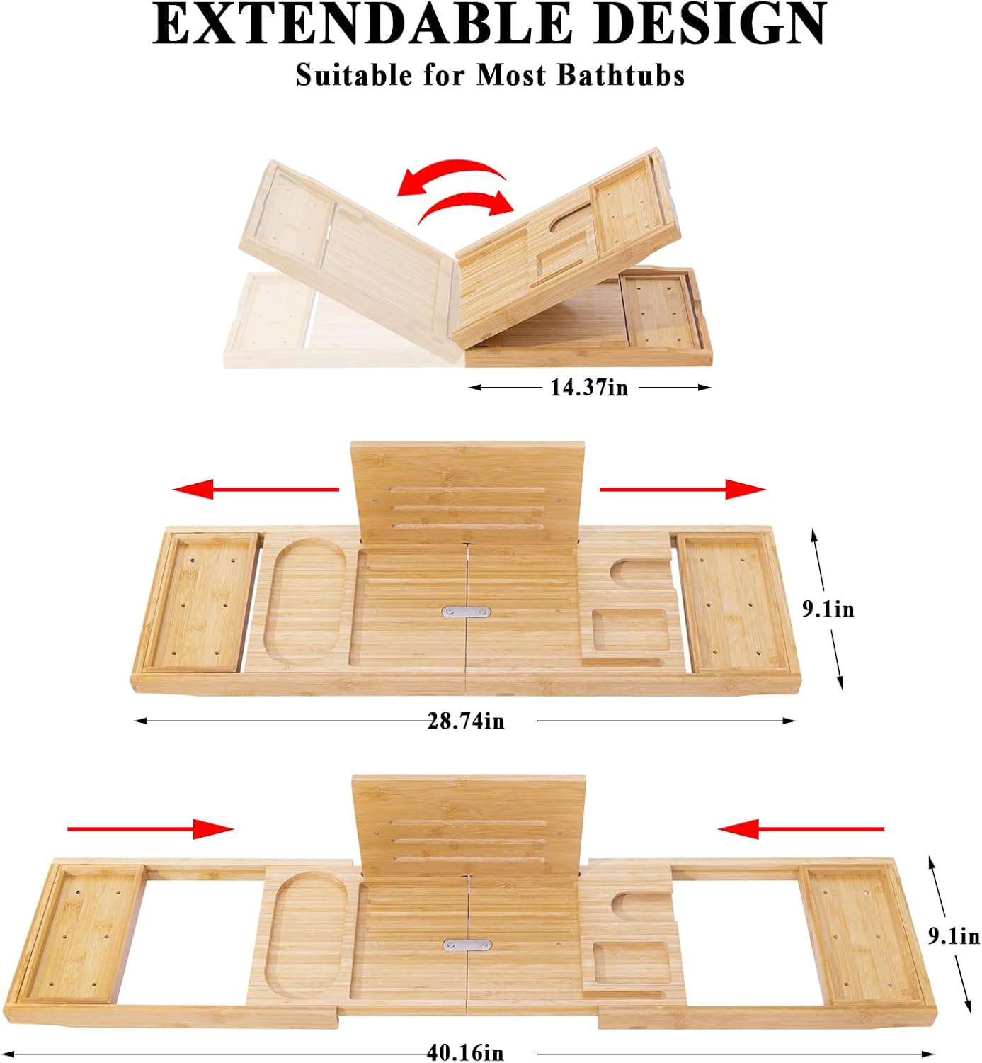 AUTODECO Bathtub Tray, Bamboo Bath Tray for Tub, Expandable Bath Tray with Bamboo Book Stand, Soap Tray, Bathtub & Bathroom Accessories Perfect for Home Spa, Natural Colour