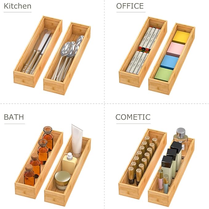 Bamboo Kitchen Drawer Organizer, Stackable Silverware Tray Utensil Organizer Cutlery Holder for Kitchen,Wooden Storage Box for Bathroom, Multi-Use Storage Bins Dividers for Office(12x3x2.5 inch）