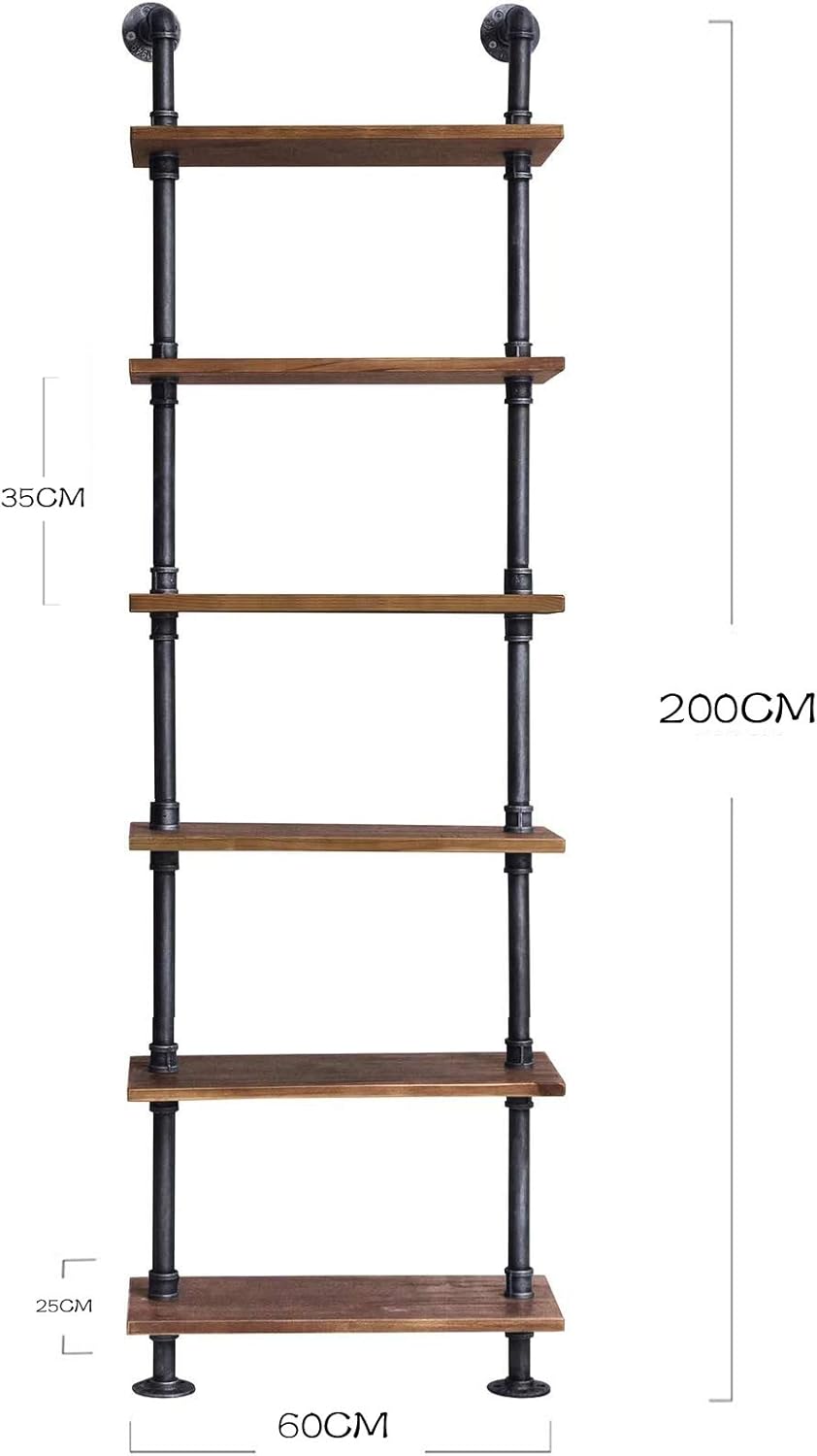 Diwhy Industrial Pipe Shelves Rustic Modern 24"W Wood Ladder Bookcase with Metal Frame, Pipe Wall Shelf, Wood Storage, Home Decor, Display Shelving, Retro Floating Shelving, 6 Layer Bookshelf (24"W)