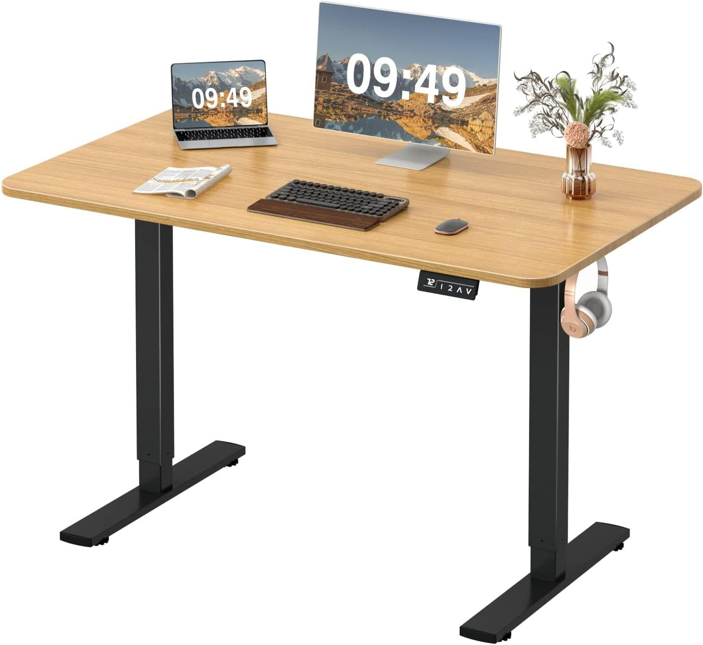 Furmax Electric Height Adjustable Standing Desk Large 48 x 24 Inches Sit Stand up Desk Home Office Computer Desk Memory Preset with T-Shaped Metal Bracket, Maple